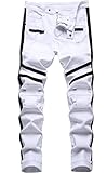 Men's Skinny Fit Ripped Distressed Stretch Side Stripes Washed Denim Jeans Pants,White,42