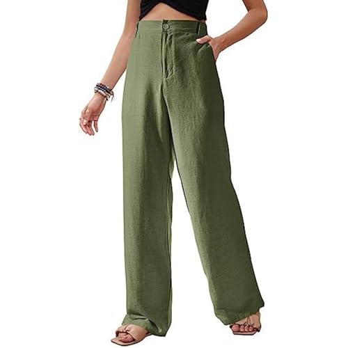 TUNUSKAT Womens Wide Leg Linen Pants Summer High Waisted Cotton Dressy Trousers Casual Pull On Flowy Work Palazzo Slacks, A01_army Green, Small