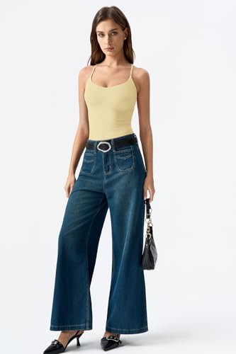 Image of QINSEN Womens Cross Back Tank Top V Neck Double Lined Camisole Top Sleeveless Spaghetti Strap Going Out Tops