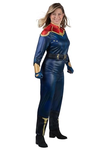 Women's Classic Captain Marvel Costume - Shiny Superhero Jumpsuit with Fingerless Gloves & Belt Large