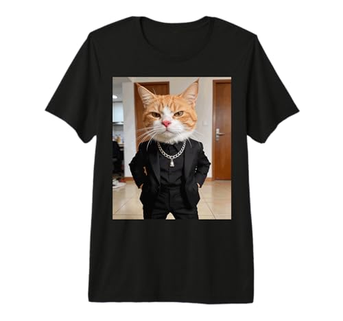 Gangster Cat Black Suit Chain Boss Attitude Orange Tabby Premium Tri-Blend T-Shirt