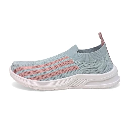 Image of Ovee Women's Slip-On Knit Sneakers | Lightweight and Comfortable Light Blue and Pink Running Shoes | Breathable Sweat-Resistant Anti-Skid Sports Footwear for Gym & Jogging