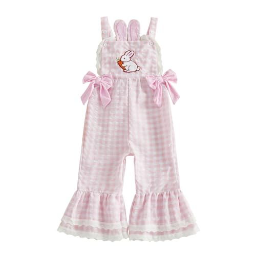 Ldaiyiu Toddler Baby Girl Easter Outfit Bunny Plaid Romper Sleeveless Jumpsuit Overalls Bell Bottoms Pants Spring Clothes (Bunny-Pink 3-4 Years)