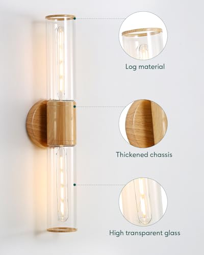Image of Bathroom Vanity Lighting Fixture, 2-Light Wood Grain Wall Sconce Light Fixture with Clear Glass, E26 Socket Indoor Wall Lamp, Modern Wall Sconce for Mirror Living Room