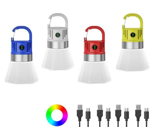 Image of 4 Pcs Rechargeable Camping Lights LED Tent Lanterns with Hanging Hook Outdoor Mini Camping Lantern RGB Colour Modes Waterproof Lamps for Camping, Emergency, Hiking, Power Cuts, Garden & Outdoor Use