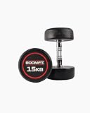 BOOMFIT Mancuernas redondas 15 kg (par) | Goma antigolpes silenciosa | Mango cromado moleteado | Fuerza y toificación en gimnasio en casa y sala | Pesas y mancuernas para home gym
