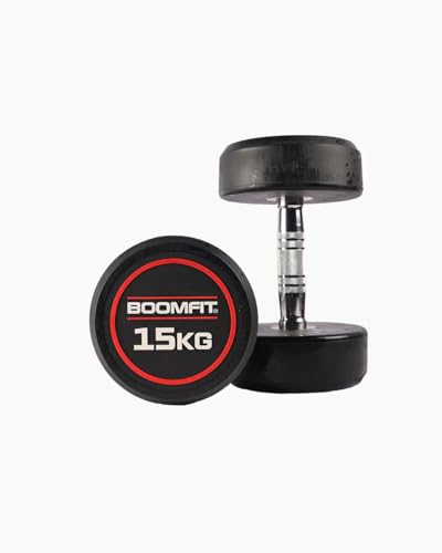 BOOMFIT Mancuernas redondas 15 kg (par) | Goma antigolpes silenciosa | Mango cromado moleteado | Fuerza y toificación en gimnasio en casa y sala | Pesas y mancuernas para home gym