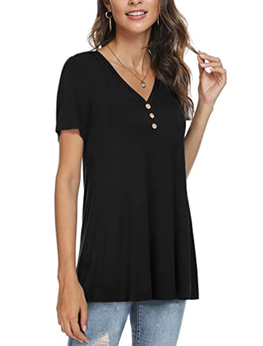 Awuliffan Womens Summer Short Sleeve Tunic Tops Loose Fit Casual T-Shirt Button Up Blouses（Black,X-Large） #TOP1