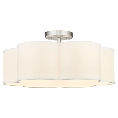 Image of Semi Flush Mount Ceiling Lights, 6-Light 18 inch Ceiling Light Fixtures with Fabric Shade in Flower Shape, Brushed Nickel Farmhouse Drum Lighting for Nursery Bedroom Kitchen, AD-22007-6SF-SN