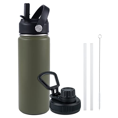 Kerilyn 18 Oz Insulated Water Bottle With Straw, Stainless Steel, Vacuum Double Walled Leak Proof Sports Water Cups Flask With 2 Lids (Straw, Spout), Sweat-Proof Bpa-Free, Army Green #TOP7