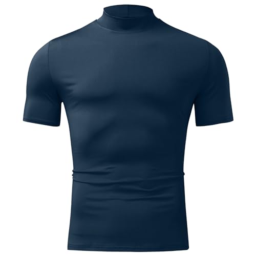 Men's Basic Causal Solid Tee Tops Soft Slim Fit T-Shirts Basic Undershirt Pullover Men Mock Neck T Shirts (Blue 2,Medium)