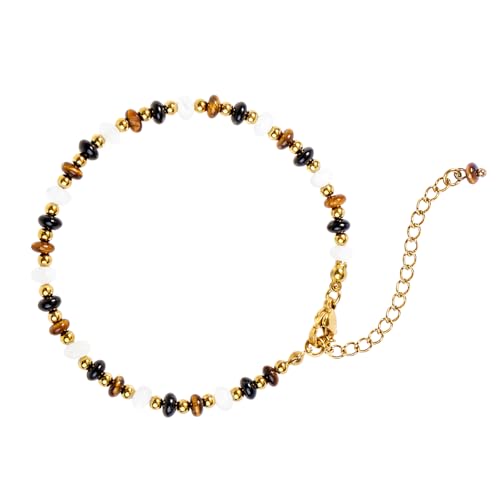 Tiger’s Eye & Black Agate Bracelet for Women – 14K Gold Plated Boho Beaded Jewelry with Mother of Pearl, Chakra Healing Energy Stone, Handmade Amulet Gift Box