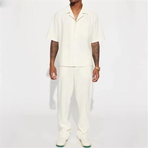 Mens 2 Piece Suits Streetwear Trendy Loose Short Sleeve Lapel Shirt and Pants Outfits Sets 5