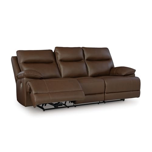 Image of Signature Design by Ashley VonRyan Power Reclining Sofa, Top Grain Leather Seating, Zero-Gravity Recliner Couch, Living Room Furniture, Tobacco Brown, 92-Inch