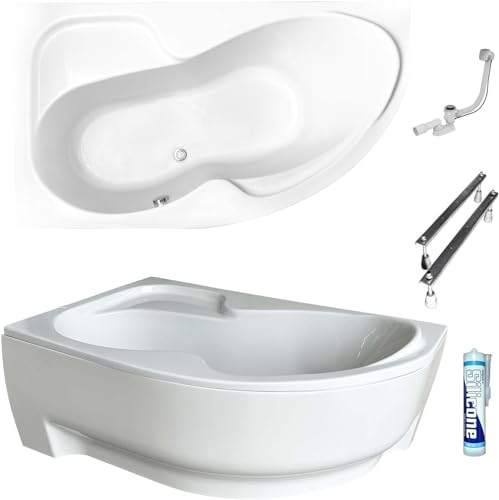 ECOLAM Baignoire d'angle asymétrique Wela 150 x 100 cm | version gauche | tablier en acrylique | pieds siphon silicone | set complet | baignoire en acrylique blanc
