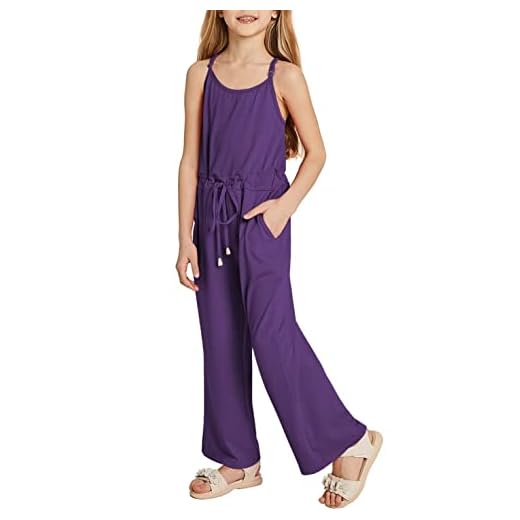 Yoklass Little Girls Sleeveless Relax Fit Jumpsuit Loose Long Solid Casual Romper Jumpsuit for Girls with Side Pockets Purple Size 8-10