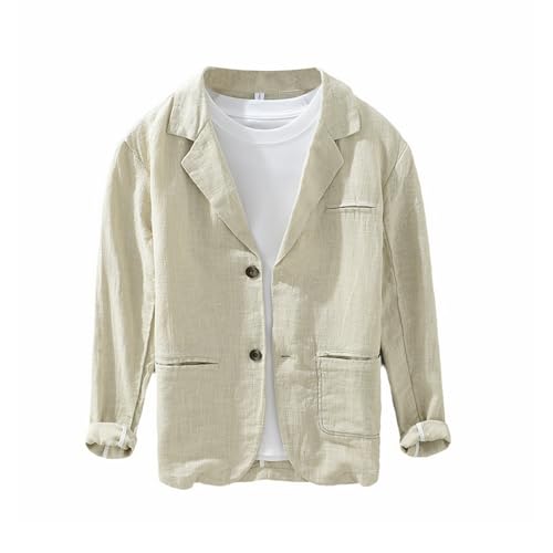 Men's Cotton-Linen Coat Casual Blazer Two Buttons Lightweight Sport Coat Lapel Collar Jacket