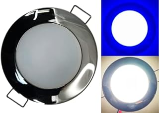 Pactrade Marine RV Boat Pontoon LED Courtesy Ceiling Light Glare Free Illumination Lens Energy Saving12V DC Spring Flush Mount 2-3/4" Overall Dia. (Stainless Steel Housing, Warm White & Blue LED)