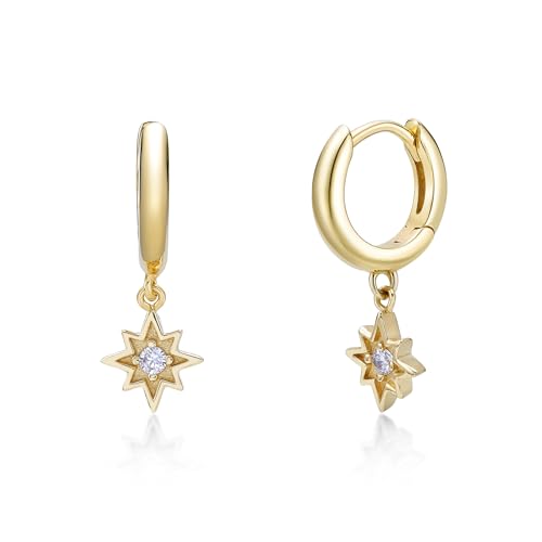 Lavari Jewelers Lab Grown Diamond Star Huggie Hoop Earrings for Women - 18k Yellow Gold Plated 925 Sterling Silver Celestial Charms Earrings for Her (F-G, VS1-VS2, 0.064 cttw) Snap-In Hinged Hoops