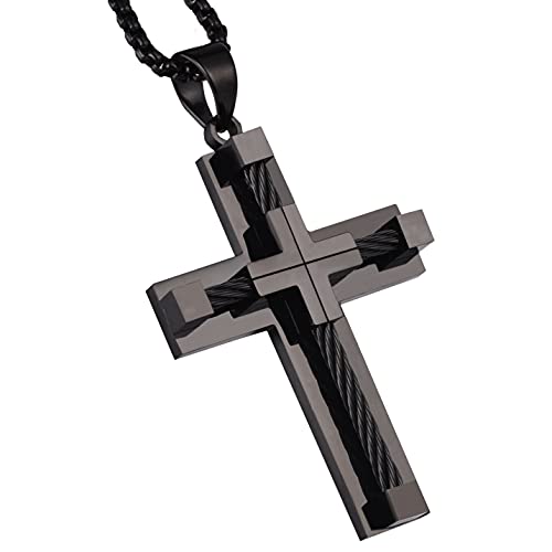 GOVENUS Stainless Steel Large Jesus Christ Cross Pendant Necklace Religious Jewelry For Men,On 24 In Rolo Chain,Black
