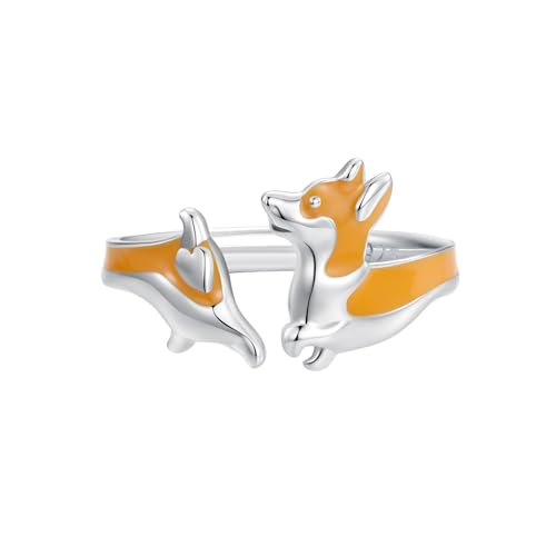 Qings Perro Anillo Corgi para Mujeres 925 Plata de Ley Lindo Animales Mascota Cachorro Anillo de Dedo Ajustable Abierto Regalos de Cumpleaños para los Amantes de los Animales