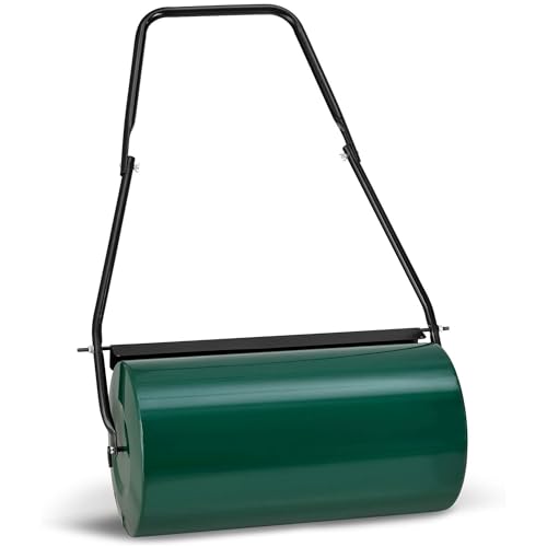 46L Heavy Duty Lawn Roller – Garden Lawn Roller Water or Sand Filled Drum, Galvanized Steel Construction, Scraper Bar & Collapsible Handle for Levelling Uneven Ground – Green (46L)
