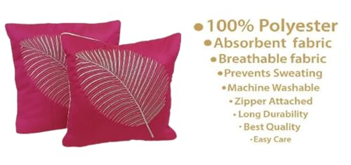 Image of Fab Nation Polyester Fabric Pink Decorative Cushion Covers with Golden Zari Leaf Embroidered Set of 5 for Home Decor | Throw /Pillow Cover 16x16 inches for Bedroom Sofa