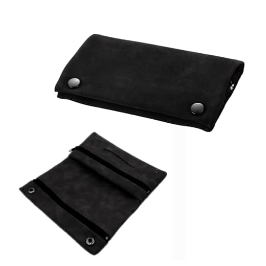 Tabaktasche für Drehtabak Schwarz (15,5 * 8,5 cm), Faltbarer Tabakbeutel mit Reißverschluss & Druckknöpfen, Leichte Drehertasche mit Fächern für Filter, Papers & Tabak