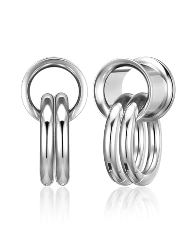 PiercingJ 1 Pair Ear Guages with Rings Ear Weight Plugs Tunnels Hypoallergenic Ear Expander Stretchers 316 Stainless Steel Hoop Earrings Piercing Body Jewelry 0G 00G 1/2