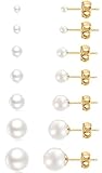 Pearl Small Gold Stud Earrings 14K Gold Plated Surgical Stainless Steel Round White Ball Stud Earrings Set for Women Men Hypoallergenic, Pack of 6 Pairs 7 Pairs (3mm - 8mm 10mm)