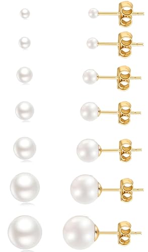 Pearl Small Gold Stud Earrings 14K Gold Plated Surgical Stainless Steel Round White Ball Stud Earrings Set for Women Men Hypoallergenic, Pack of 6 Pairs 7 Pairs (3mm - 8mm 10mm)