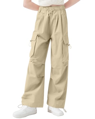 Image of AOWKULAE Girls Cargo Pants Casual Drawstring Jogger Sportswear Parachute Pants