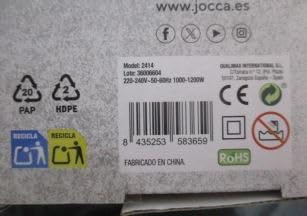 Product label showing model number, power, and certifications