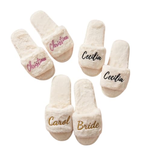 Personalized Bride Fluffy Slippers, Custom Bridesmaid Shoes for Wedding Day, Bachelorette Party Bridal Shower Gift for Bride, Hen Fluffy Slide On Girls Night Sleepover, I Do Mrs Last Name