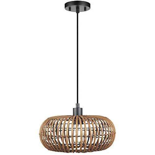 Globe Electric x Novogratz 61063 1-Light Pendant Light Fixture, Rattan Shade, Black Socket, Braided Fabric Cord, Living Room Pendant Light, Dining Room Fixture, Kitchen Island Lighting