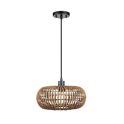 Globe Electric x Novogratz 61063 1-Light Pendant Light Fixture, Rattan Shade, Black Socket, Braided Fabric Cord, Living Room Pendant Light, Dining Room Fixture, Kitchen Island Lighting by Globe Electric - Used condition - US$28.26