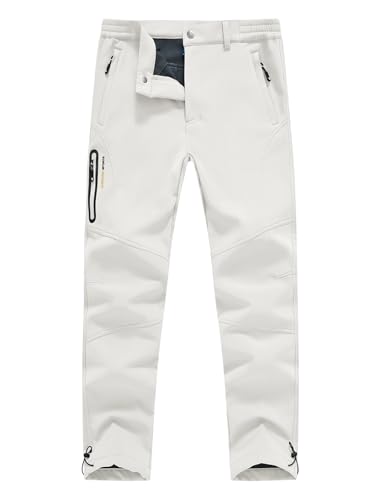 Rdruko Mens Winter Snow Pants Waterproof Windproof Softshell Fleece Lined Insulated Zip Pocket Hiking Ski Motorcycle (White Grey 40)