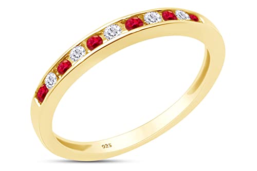 AFFY Round White Natural Diamond & Simulated Pink Ruby Half Eternity Stackable Wedding Band Ring In 14K Gold Over Sterling Silver For Women (Clarity : I2-I3, Color : I-J, 0.25 Cttw)2