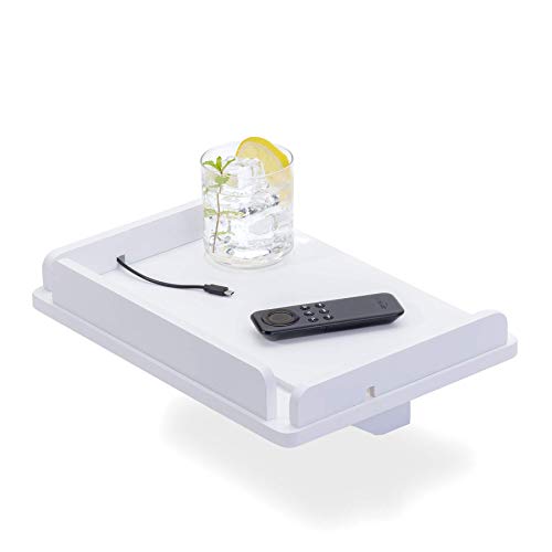 Bedside Caddy Shelf - Sturdy Bunk Bed Or Dorm Room Tray Organizer for Remote Control, Drinks, Laptop, Ipad, and Electronics - Hanging Wooden End Table with Charger Cord Slots (White)