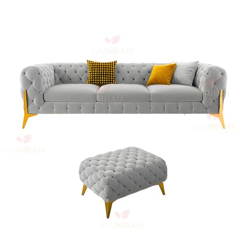 Image of 4 Seater Sofa Set Modern Classic Chesterfield Style Fabric Velvet with Pillows for Living Room, Bedroom and Office and Hallway (3+1+OTTO Grey FC)