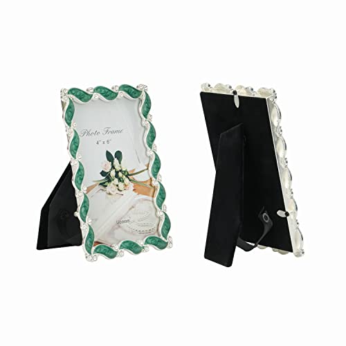 Licotom Waves Design Metal Picture Frame Silver With Green Enamel And Crystals 4X6 Inch #TOP3