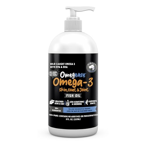 Omegease 100% Pure Omega 3 Fish Oil for Cats & Dogs 8 oz – Pet Supplement for Skin & Coat, Dry Skin Relief, Less Shedding, Supports Joints, Immune, Brain & Heart Health, EPA & DHA Fatty Acids