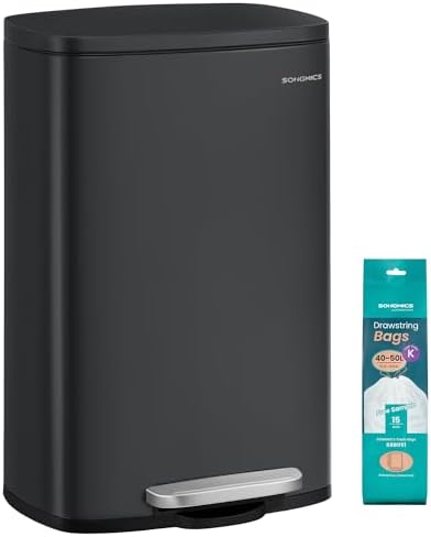 SONGMICS Mülleimer Küche, 50 Liter, Abfalleimer, Treteimer, mit Deckel, Softclose, Fußpedal, Stahl, Inneneimer, schwarz LTB050B02