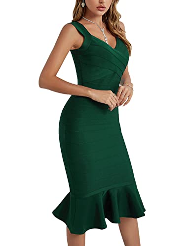 Image of Shoulder Strap Sleeveless Fishtail Midi Bandage Dress for Women Bodycon Club Party Evening Dresses