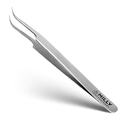 By MILLY Professional - Curved & Pointed Eyelash Extension Tweezers - Lash Tweezers for Classic, Volume Pick-up, Isolation - Precision Point-Tip - Titanium Coated Stainless Steel - 14 cm (5.5 inches)