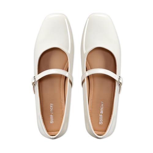 Women's Mary Jane Flats Ballet Flat Dressy Comfortable Slip on Shoes | Daily Comfort, Unique Mary Jane, Pearlized Leather, Slip-On, Easy Match, Non-Slip Cushion, All Seasons White Patent