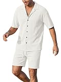 Opomelo Mens 2 Piece Vacation Outfits - Button Down Shirt and Shorts Casual Beach Outfit Textured Summer Matching Sets