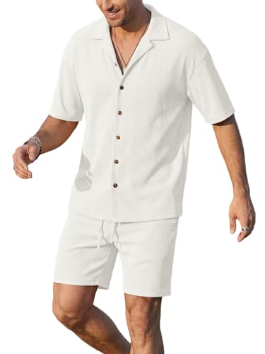 Opomelo Mens 2 Piece Beach Outfits - Textured Summer Matching Sets Button Down Shirt and Shorts Casual Vacation Outfit