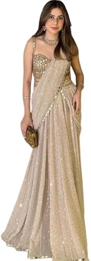 Pre-Draped Saree with Embellished Blouse, Beige, Sequin Work, Ready to Wear