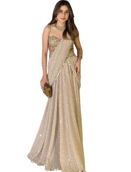 Pre-Draped Saree with Embellished Blouse, Beige, Sequin Work, Ready to Wear - Review, Price and Buying Guide